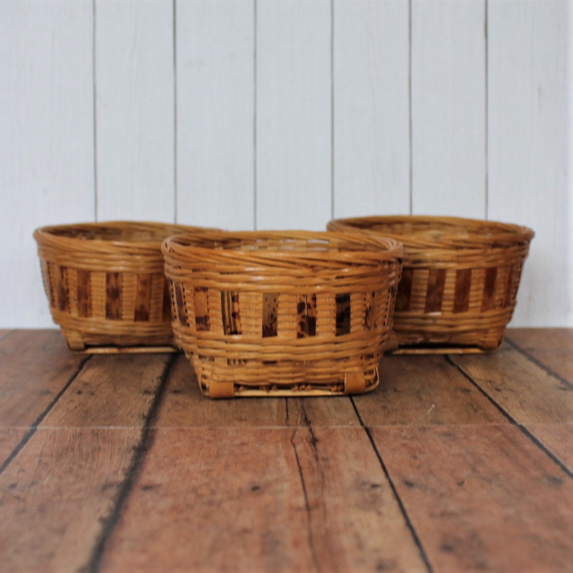 Vintage Woven Wicker Planter Basket Set of 3 Small Baskets Round Flower