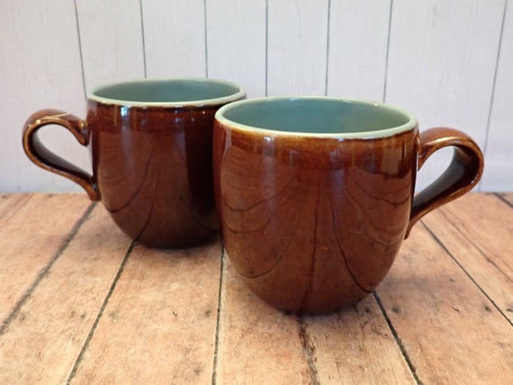 Vintage Red Wing VILLAGE GREEN Mug Set of 2 Green and Brown Stoneware Country Fare