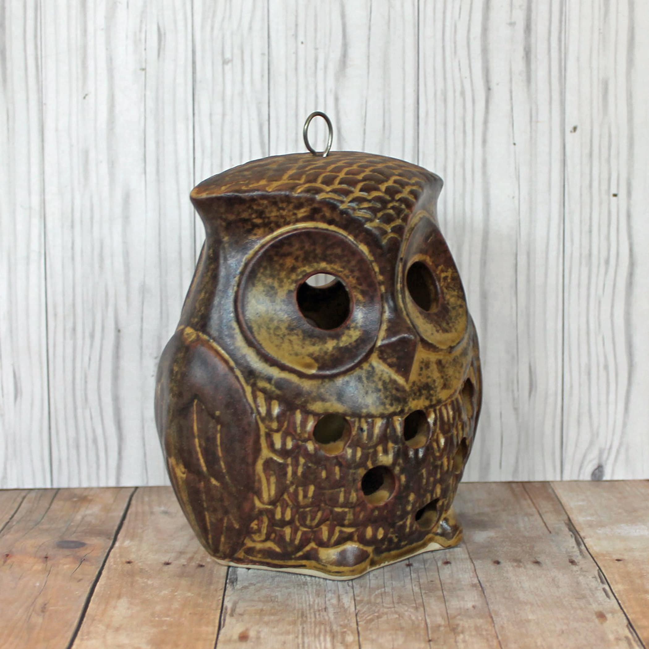Vintage Stoneware Owl Tealight Votive Candle Holder Luminary Lantern