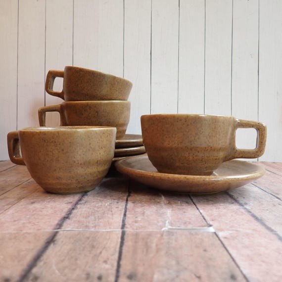 Vintage Western Stoneware Mojave Brown Cup and Saucer Set of 4 Golden Tan Brown with Ribbed Design