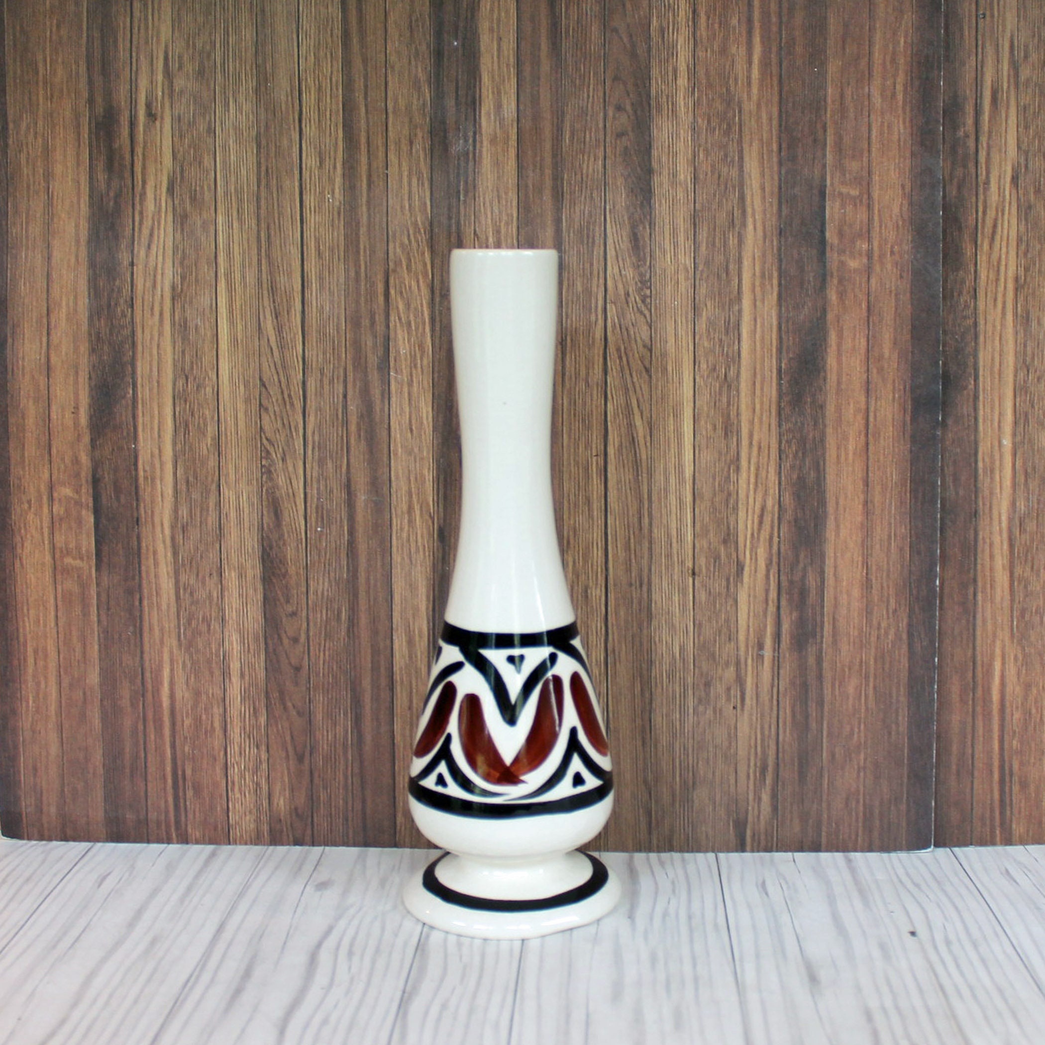 Vintage Ceramic Hawaiian Pottery Bud Vase Set of 2 White Brown Black Tapa Design Floral Leaf