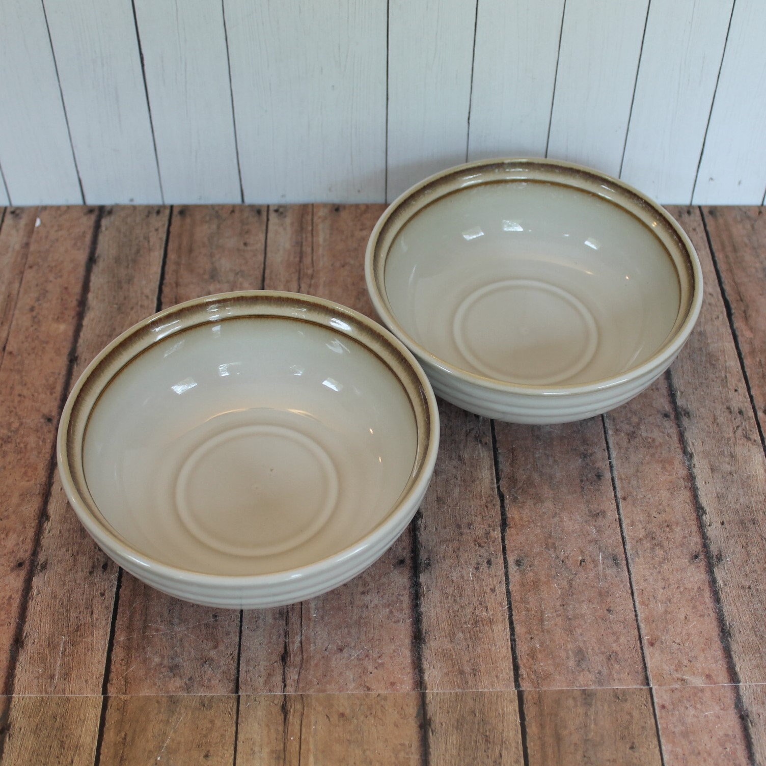 Vintage Noritake Stoneware FANFARE Cereal Bowl Set of 2 Cream Stoneware with Brown Faded Banded