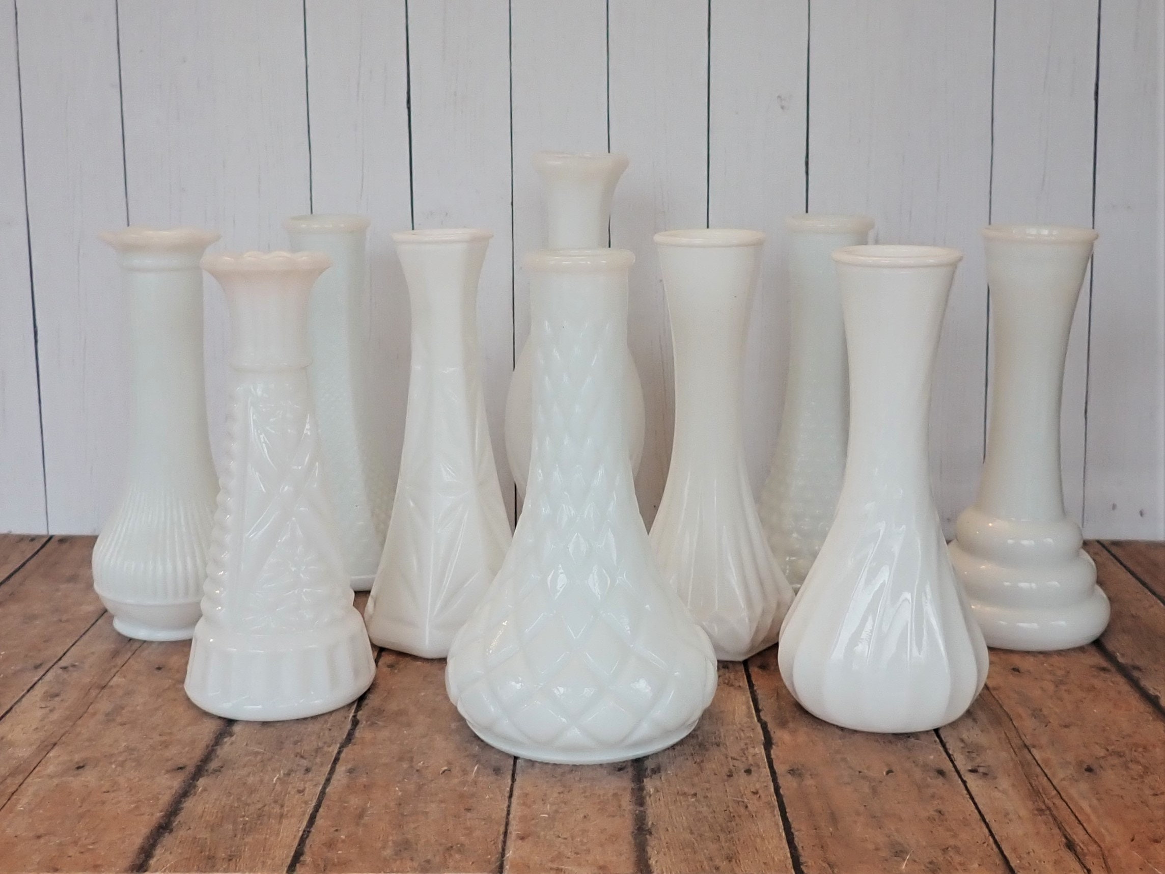 Vintage Set of 10 White Milk Glass Vases Short 6 Vases Different