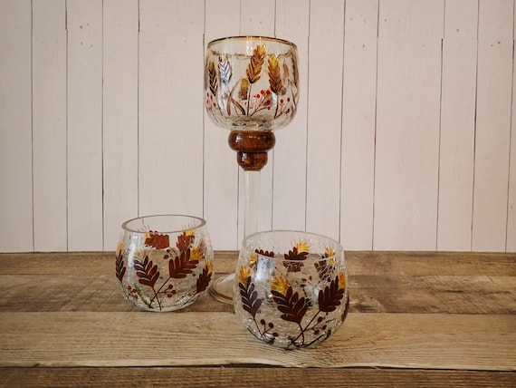 Vintage Votive or Tealight Glass Candle Holder Set of 3 with Painted Wheat or Leaf Design