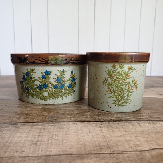 Vintage Takahashi Herb Pot Planter Set of 2 Small Pots Gray and Brown with Green Herbs