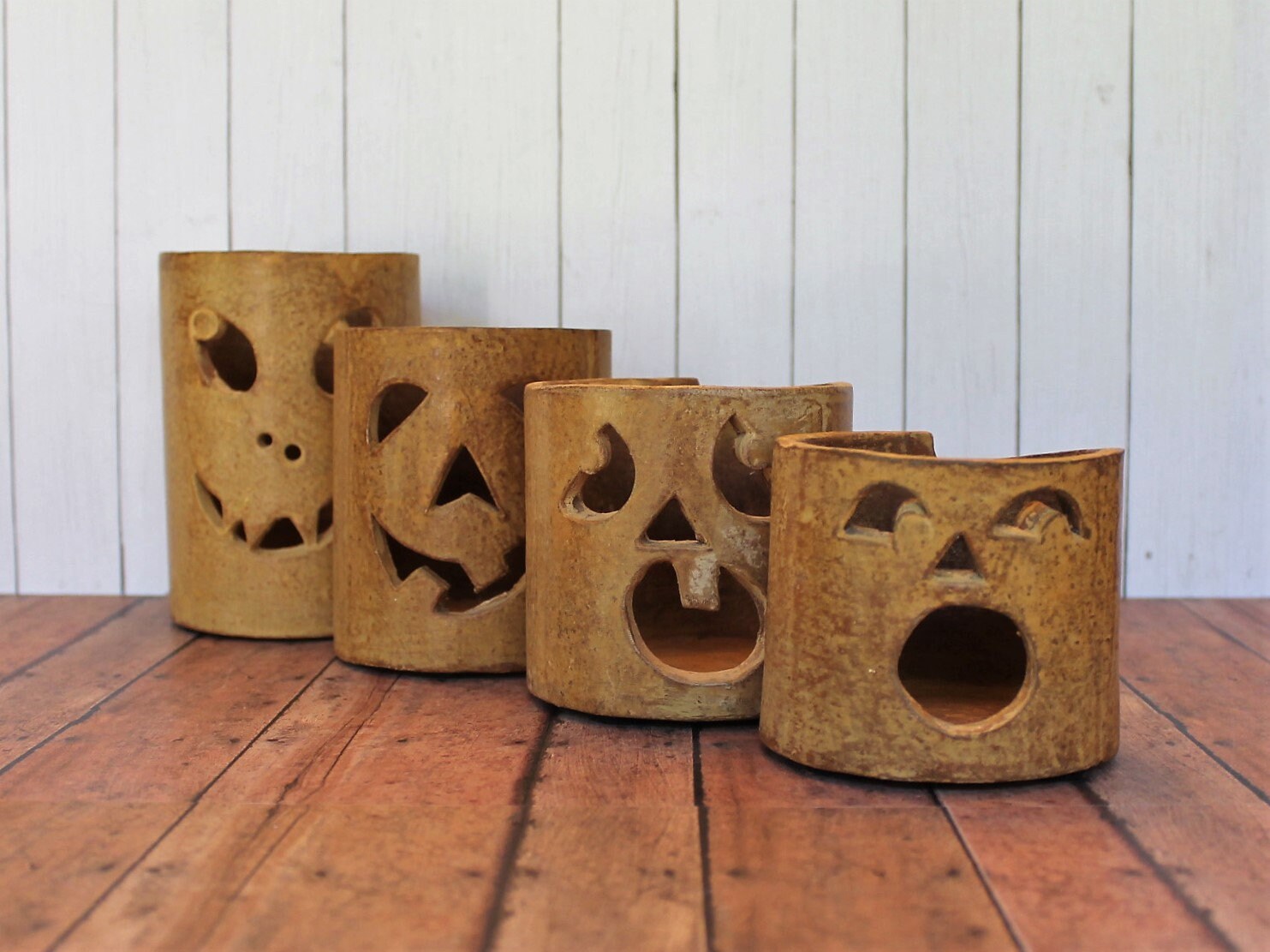Vintage Ceramic Halloween Pumpkin Jack O Lantern Candle Holder Set of 4 ...