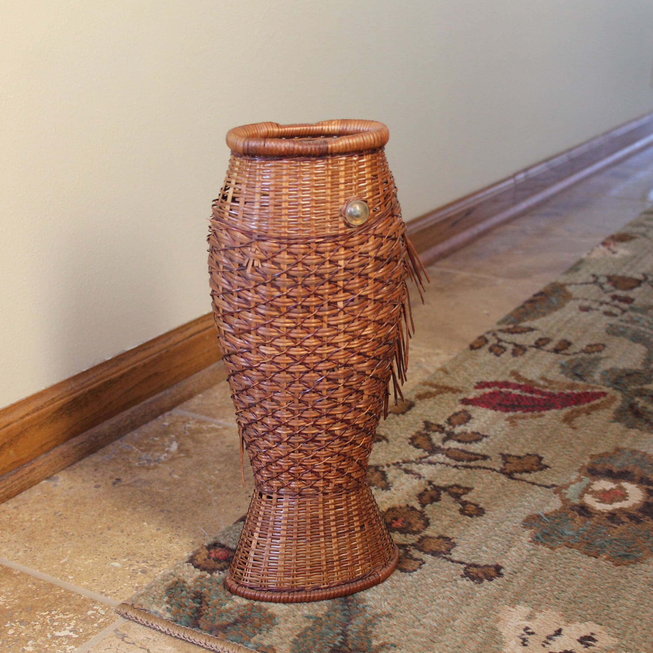 Vintage Woven Wicker Fish Basket Brown Vase Boho Decor Free Shipping