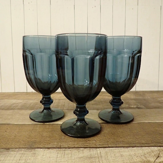 Vintage Libbey Glass GIBRALTAR Dusky Blue 7" Iced Tea Water Goblet Set of 3 Flat Paneled Design