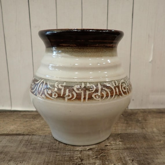Vintage Stoneware Vase Handmade Pottery White and Brown with Textured Etched Design Boho Style