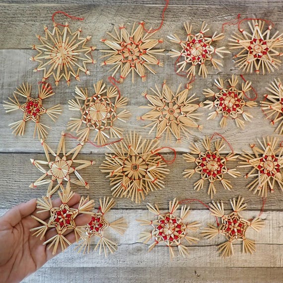 Vintage Woven Wicker Christmas Ornament Set of 18 Snowflake Ornaments Boho Decor Free Shipping