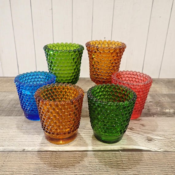 Vintage Mismatched Glass Votive or Tealight Candle Holder Set of 6 Blue Pink Green Amber Hobnail Mix and Match Set