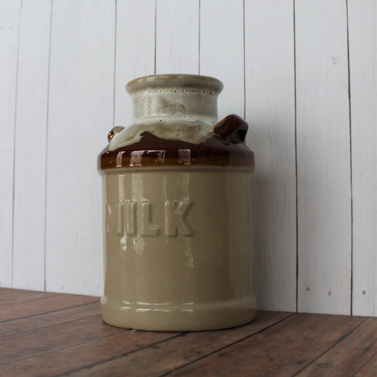 Vintage Stoneware Utensil Crock Canister Milk Jug Style Cream and Brown