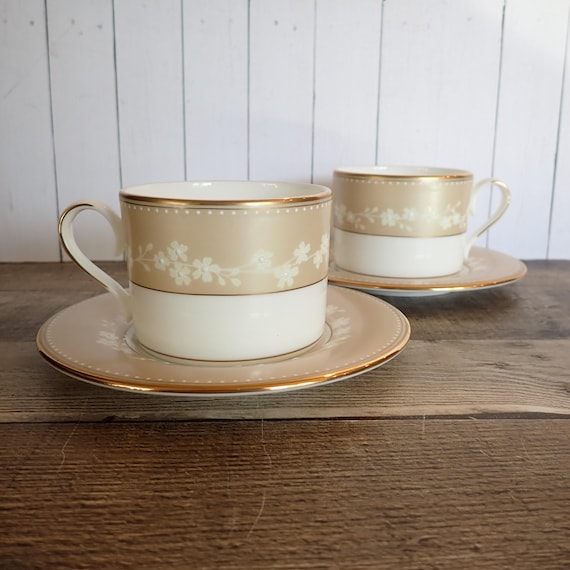 Vintage Lenox BELLINA GOLD Cup and Saucer Set of 2 White and Tan with White Flowers and Gold Band