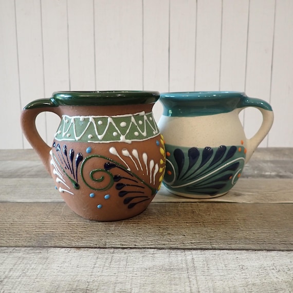 Vintage Mexican Pottery Redware Mug Set of 2 Stoneware with Leaf Designs Tequila Mexico