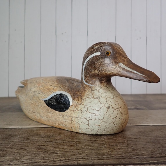 Vintage Wood Duck Decoy White and Tan Carved Wooded Duck Decoy