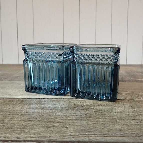 Vintage PartyLite Square Blue Glass Votive Tealight Candle Holders Pair Set of 2 Candleholders Diamond and Ribbed Design
