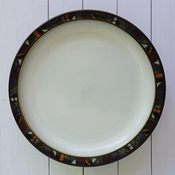 Vintage Denby MARRAKESH Bread and Butter Plate Set of 4 Plates Green Brown with Multicolor Geometric Design on Border
