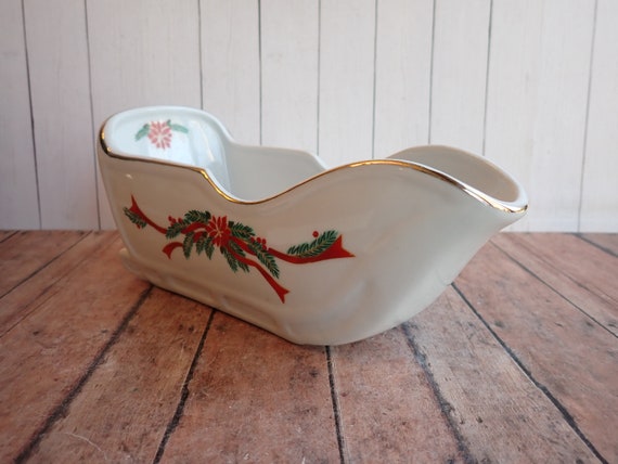 Vintage Tienshan Christmas Sleigh Cravy Boat White with Green Evergreen Branches and Red Ribbon and Poinsettia