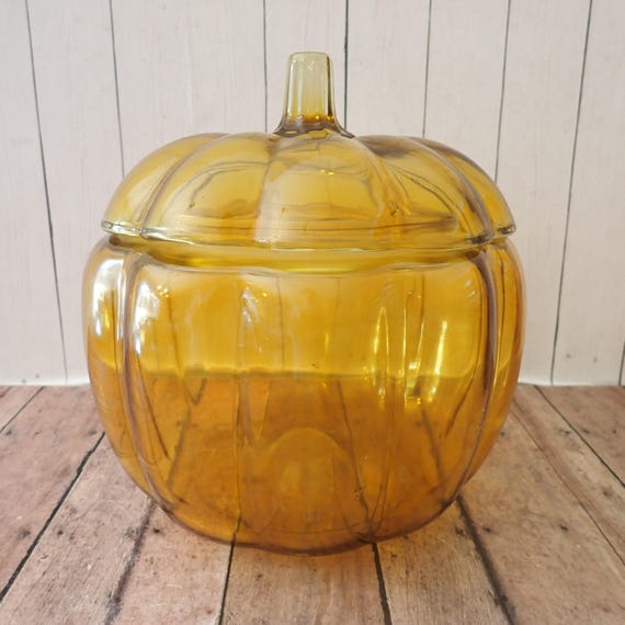 Vintage Yellow Orange Glass Pumpkin Canister Bowl Candy Dish with Lid Cookie Jar Anchor Hocking Fall Halloween Thanksgiving Decor