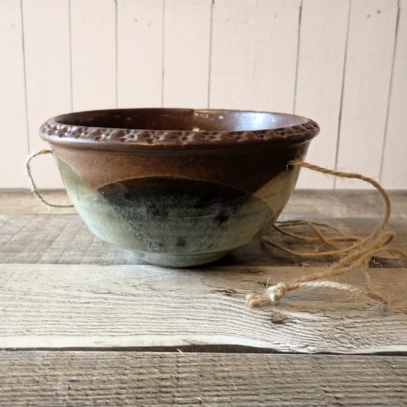 Vintage Pottery Craft USA Stoneware Hanging Planter #101 Beige Brown Tan Blue with Floral Rim Design Mid Century Modern Robert Maxwell Style