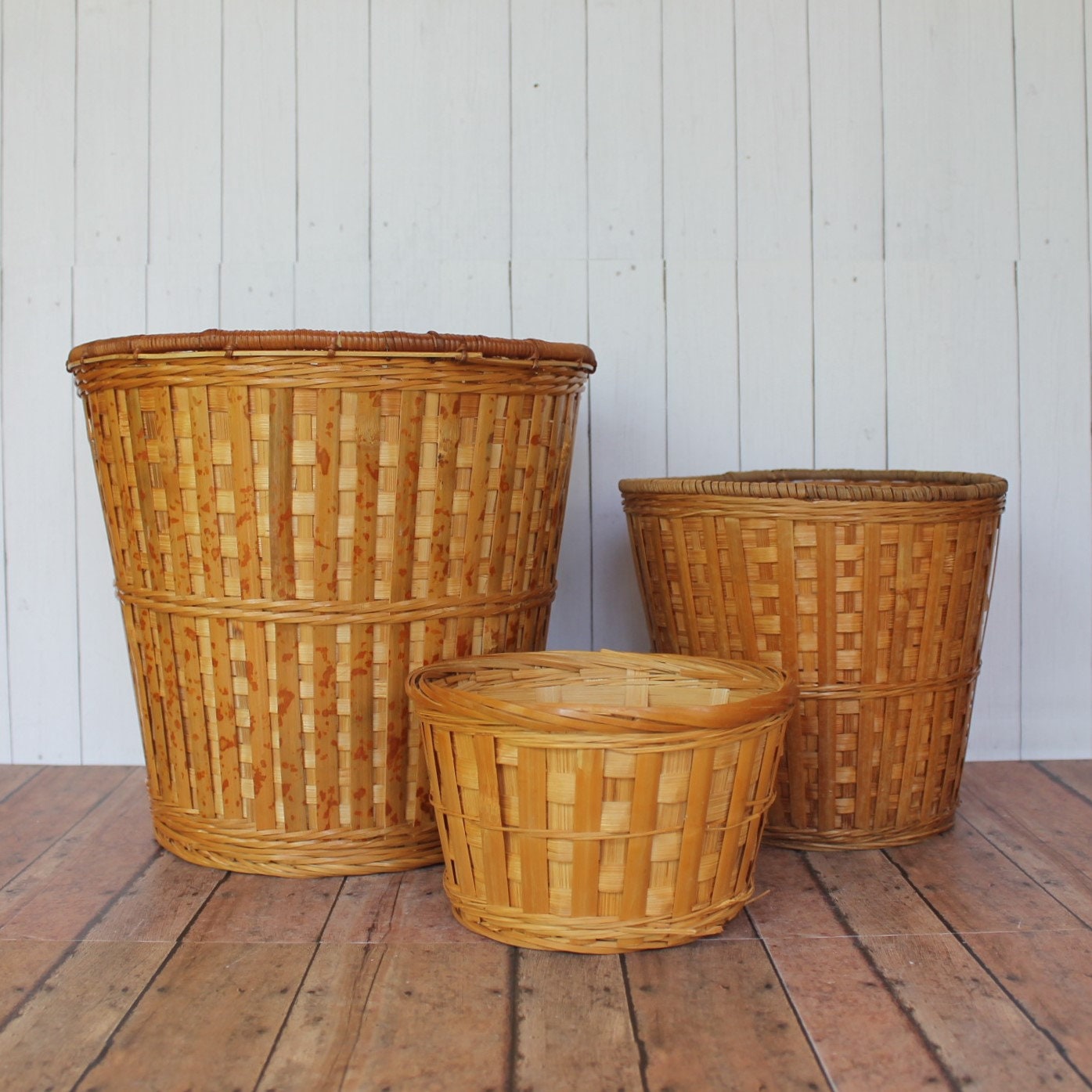 Vintage Woven Wicker Planter Basket Set of 3 Baskets Round Flower Pot