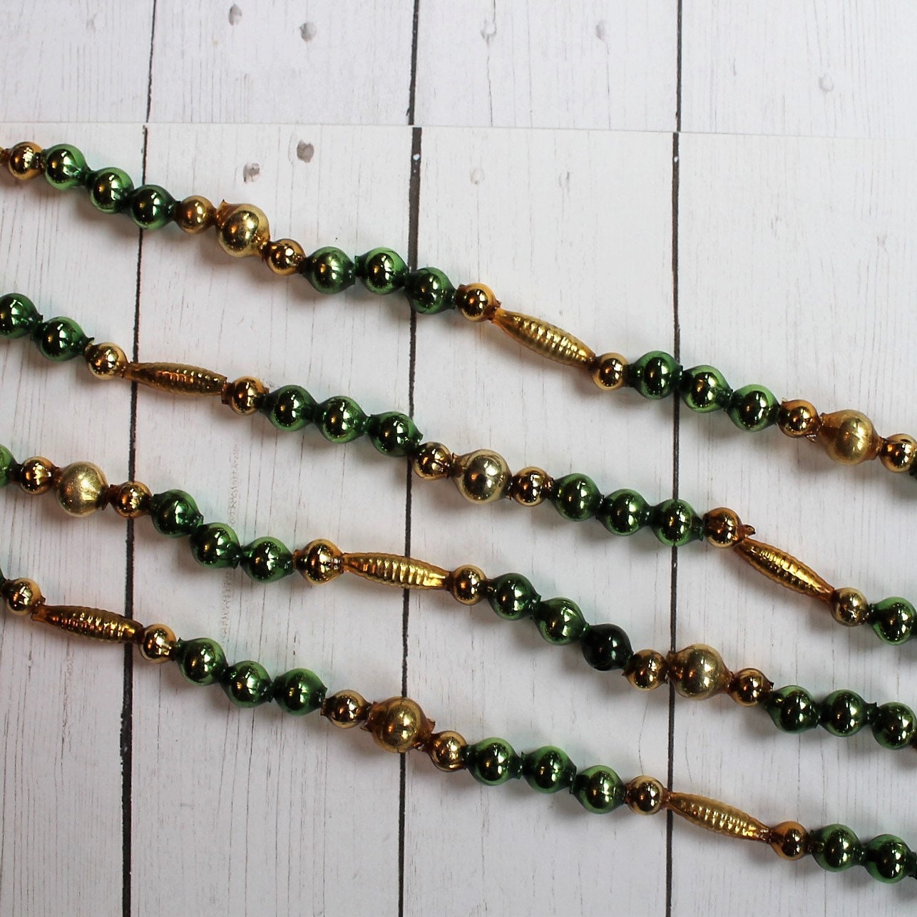 Vintage Mercury Glass Bead Garland 16' Beaded Mini Gold and Green