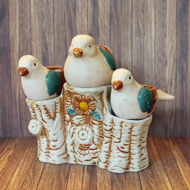 Vintage Stoneware Bird on Tree Branch Figurine Candle Holder with Three Birds and Ceramic Tree White Brown Blue Free Shipping