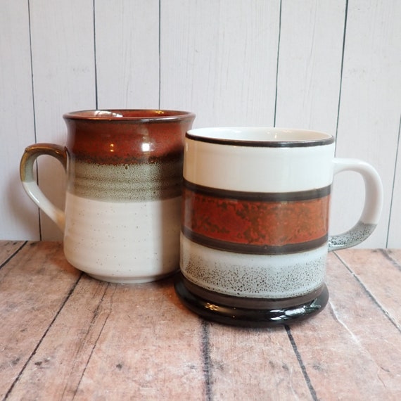 Vintage Stoneware Mugs Set of 2 White with with Tan and Brown Striped and Speckled Modern Design