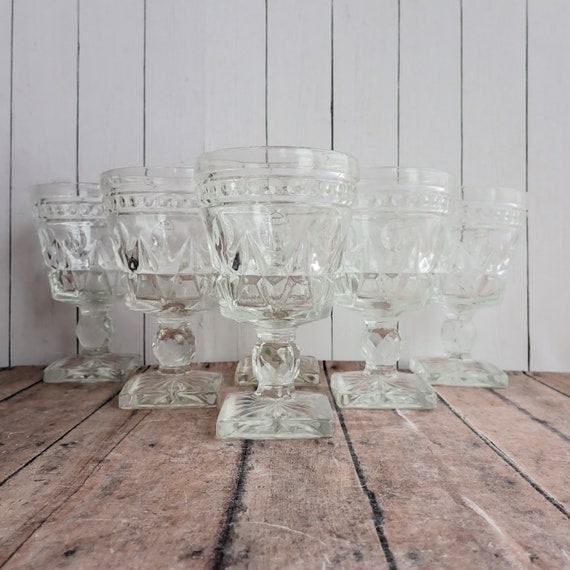 Vintage Indiana Glass Colony PARK LANE Clear 4" Wine or Juice Glass Goblet Set of 6 Glasses Mid Century Glassware