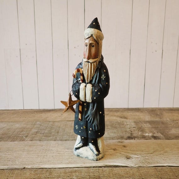Vintage Greg Guedel Wood Carved Santa Claus Figurine Wooden Folk Art Santa AS IS Christmas Decor