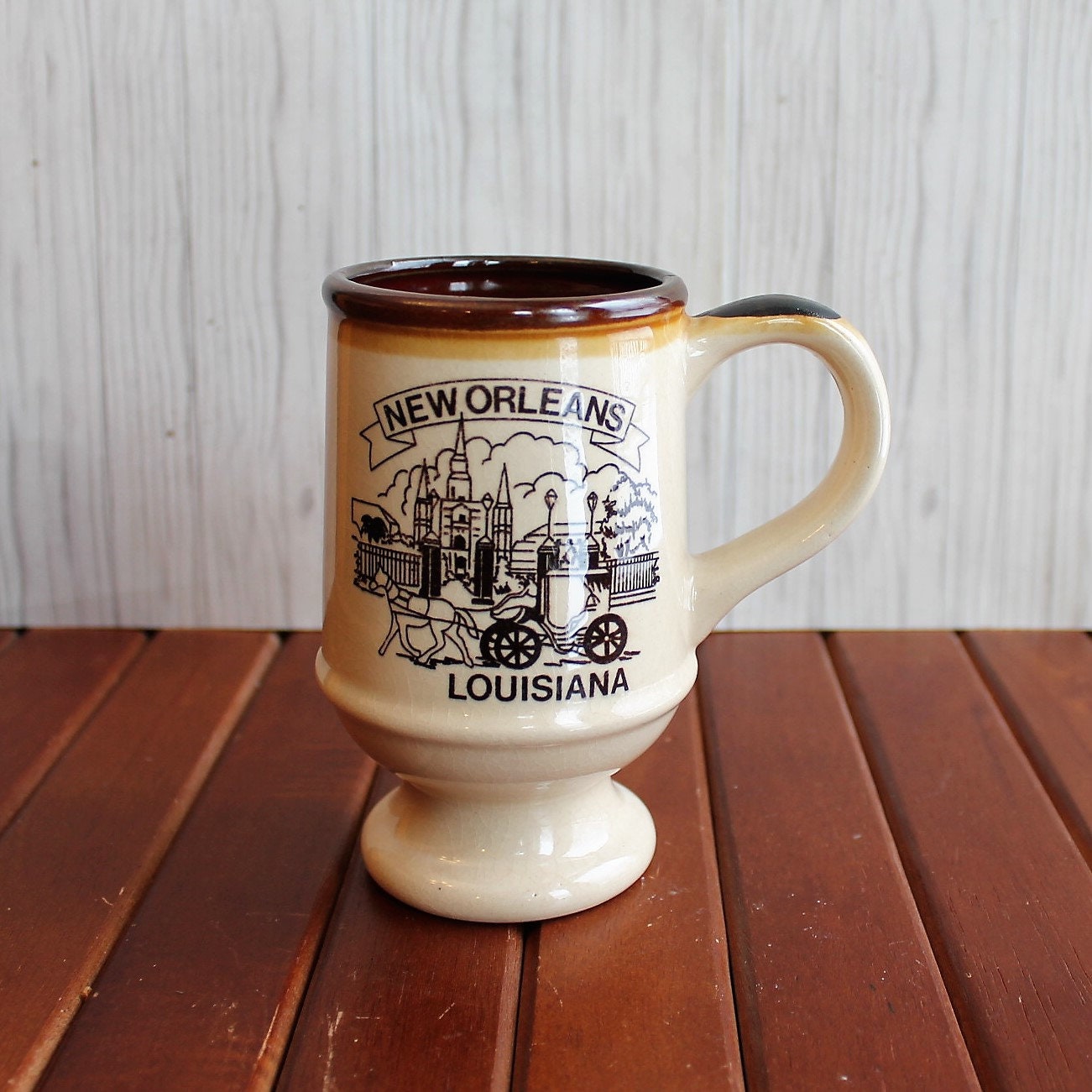 Vintage New Orleans Souvenir Footed Mug Louisiana Bourbon Street Cream and Brown Ceramic