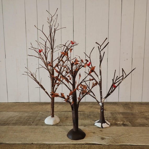 Vintage Dept. 56 Heritage Village Tree Accessories Set of 3 Twig and Leaf Trees with Red Birds