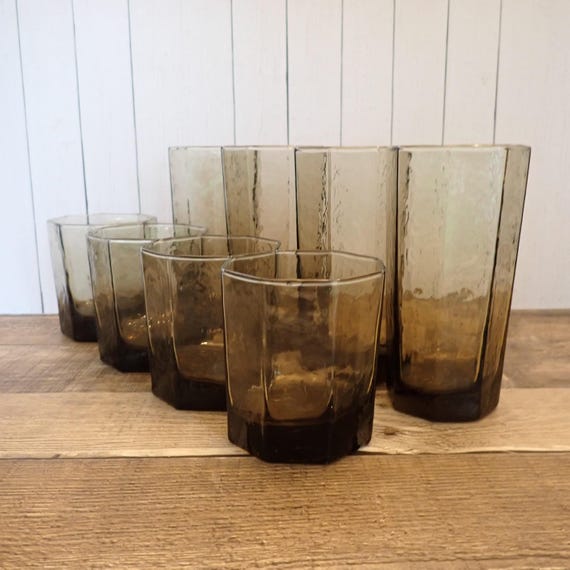 RESERVED for Nicole Vintage Libbey Glass FACETS Smoky Brown Tumbler and Old Fashioned Glasses Set of 8 Faceted Tumbler