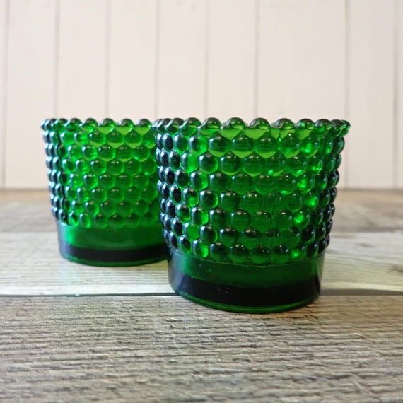 Vintage Green Glass Hobnail Votive or Tealight Candle Holder Set of 2