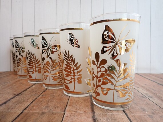 Vintage Clear Frosted Glass Tumblers Set of 6 with Modern Gold Leaf Flower and Butterfly Design Retro Mod Leaves Mid Century Barware