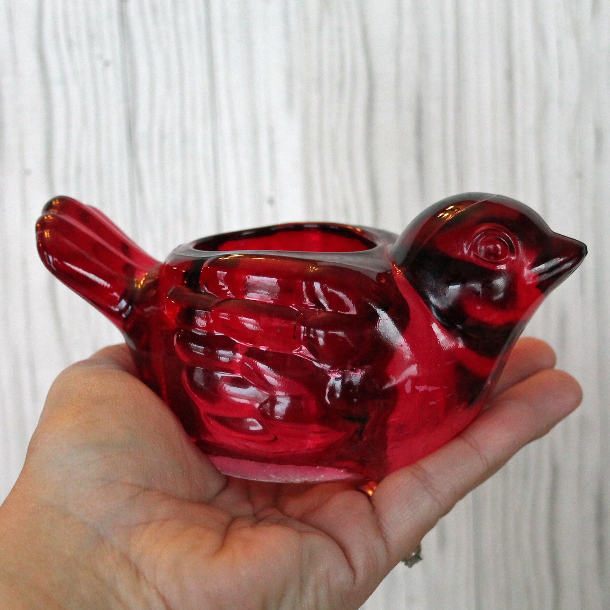 Vintage INDIANA GLASS Red Bird Votive or Tealight Candle Holder Figurine