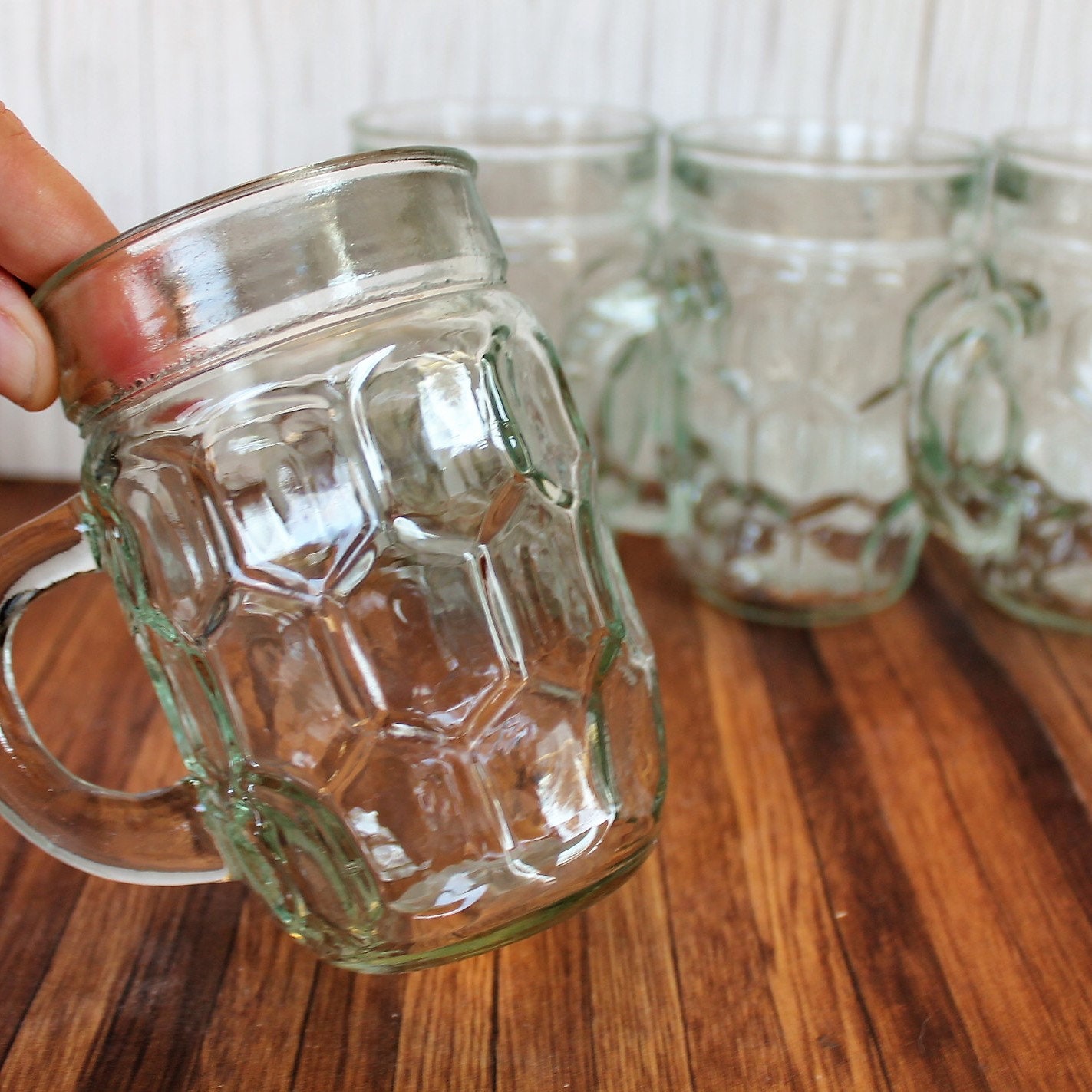 Vintage Clear Glass Mug Set of 4 Hexagon Pattern Dot Oval