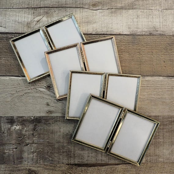 Vintage 2x3 Double Hinged Metal Gold Brass Photo Picture Frame Set of 4 Frames 2" x 3" Different Patterns