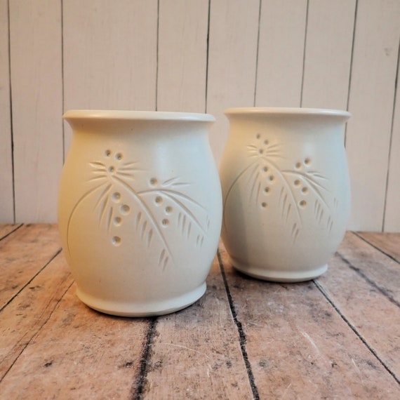 Vintage White Ceramic Votive Tealight Candle Holder Set of 2 with Evergreen Pine Needle Design Signed Loomis Hand Made Studio Pottery