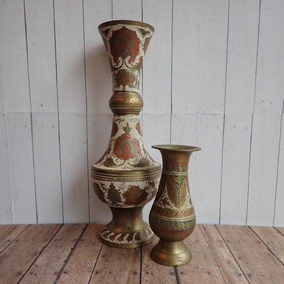 Vintage Brass Vase Set of 2 Brass and Enamel Vases with Etched Floral Flower and Leaf Design Made in India