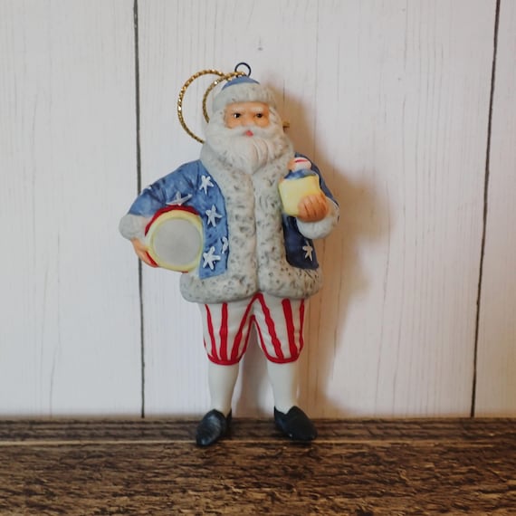 Vintage Tom Tierney Ceramic Santa Ornament Patriotic Santa Claus in Traditional Old World Santa