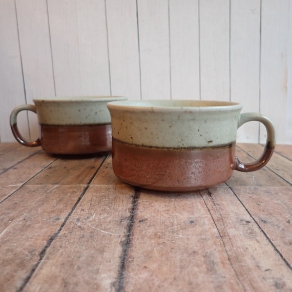 Vintage Otagiri Style Stoneware Soup Mug Bowl with Handle Set of 2 Matching Green and Brown Red Banded Striped Design