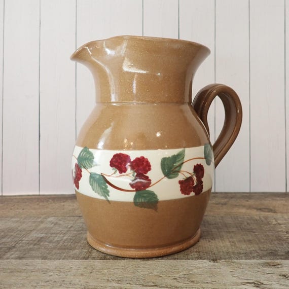 Vintage Mill Creek Stoneware Pottery Pitcher Tan with Red Berries and Green Leaves Coshocton Ohio