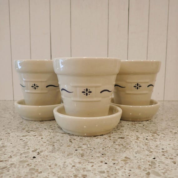 Vintage Longaberger Pottery Woven Traditions Classic Blue 3" Flowerpot with Underplate Set of 3 Ceramic Flower Pot Planter