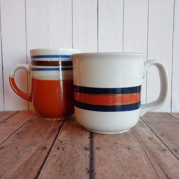 Vintage Stoneware Mugs Set of 2 White with with Tan and Brown Striped and Speckled Modern Design