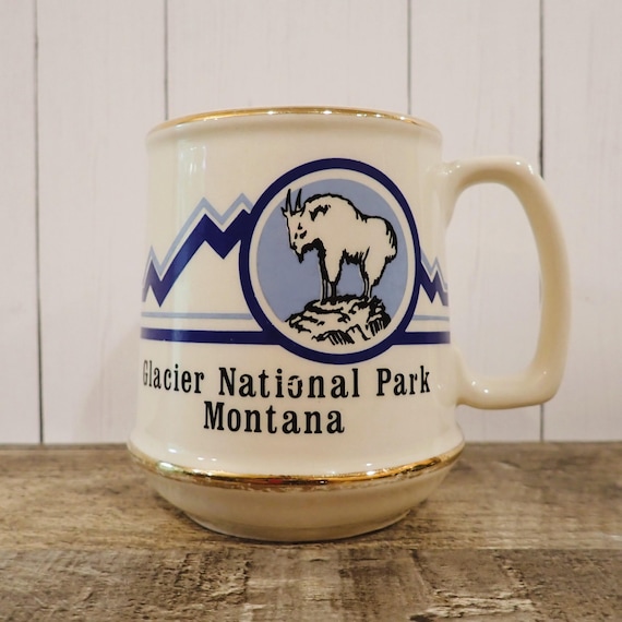 Vintage Glacier National Park Souvenir Mug White and Blue Ceramic with Mountain Goat Design Travel Wyoming