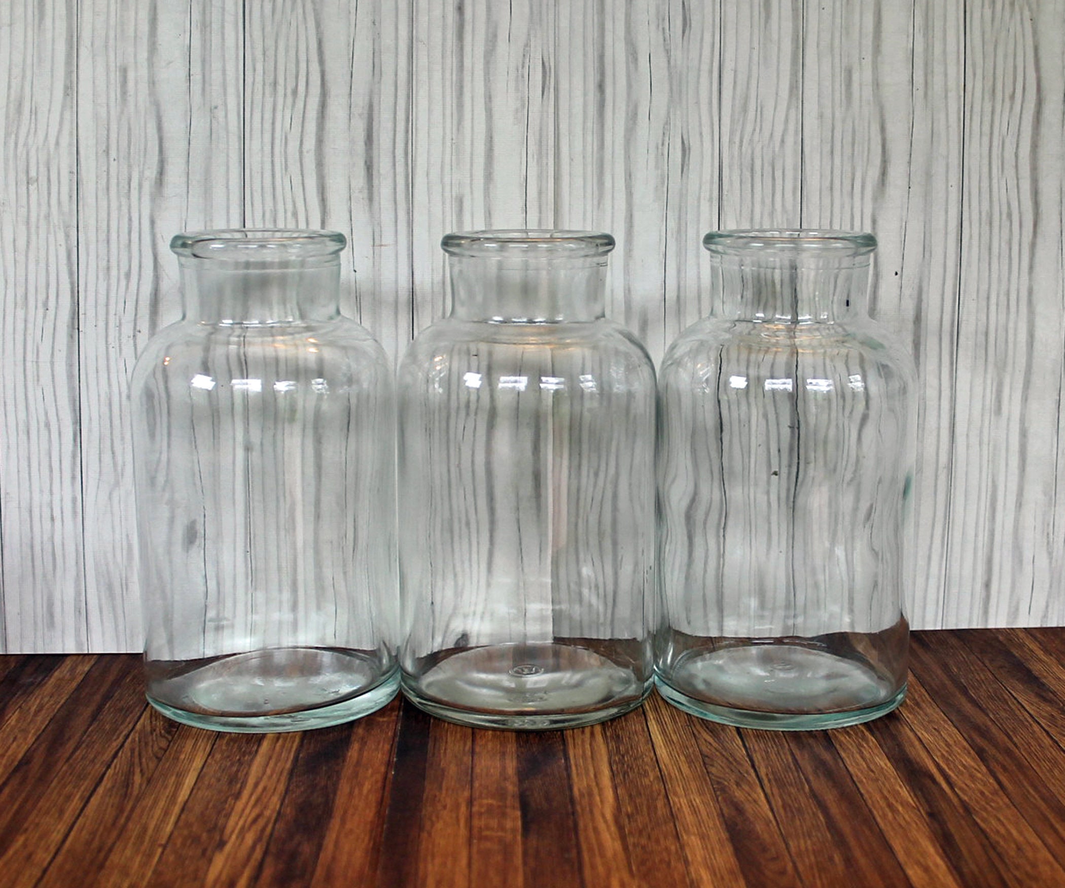Vintage Set of 3 Clear Glass Apothecary Bottles Wooden Crate Rack
