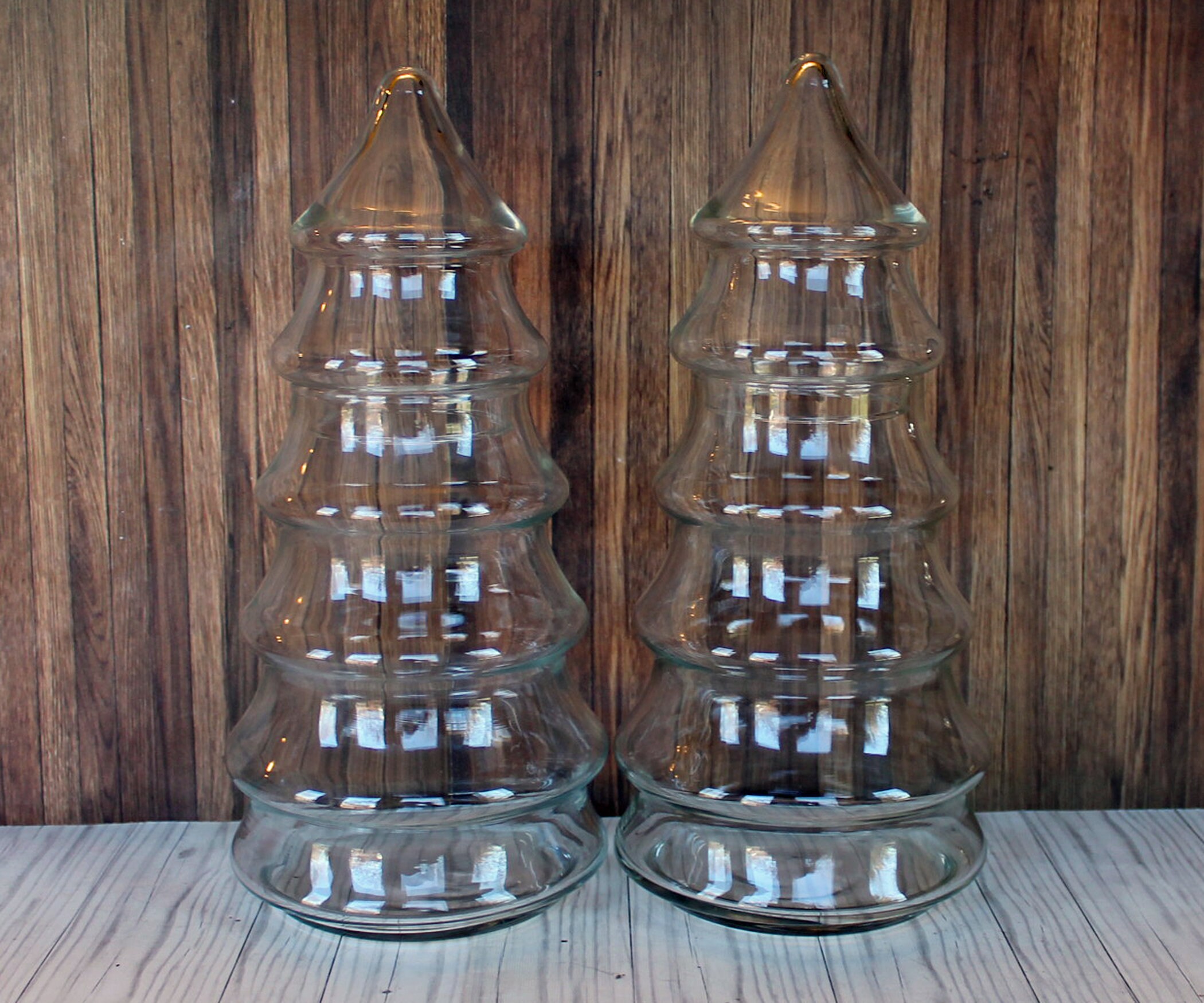 Vintage Clear Glass Christmas Pine Tree Jar Containter Canister Set of