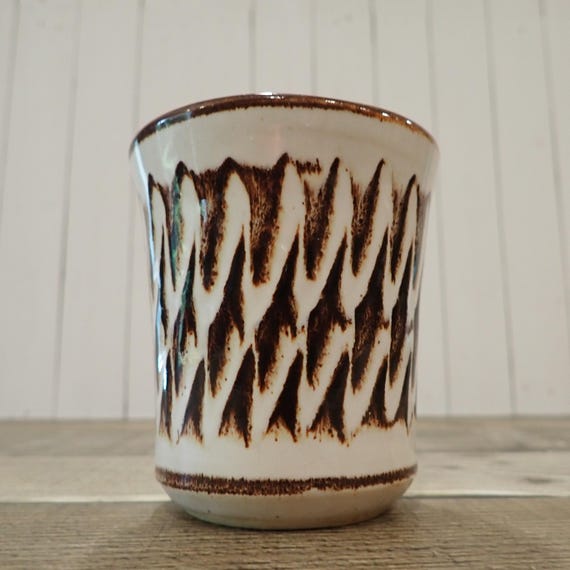 Vintage DENEEN POTTERY Stoneware Cup Tumbler White and Brown with Wavy Lines