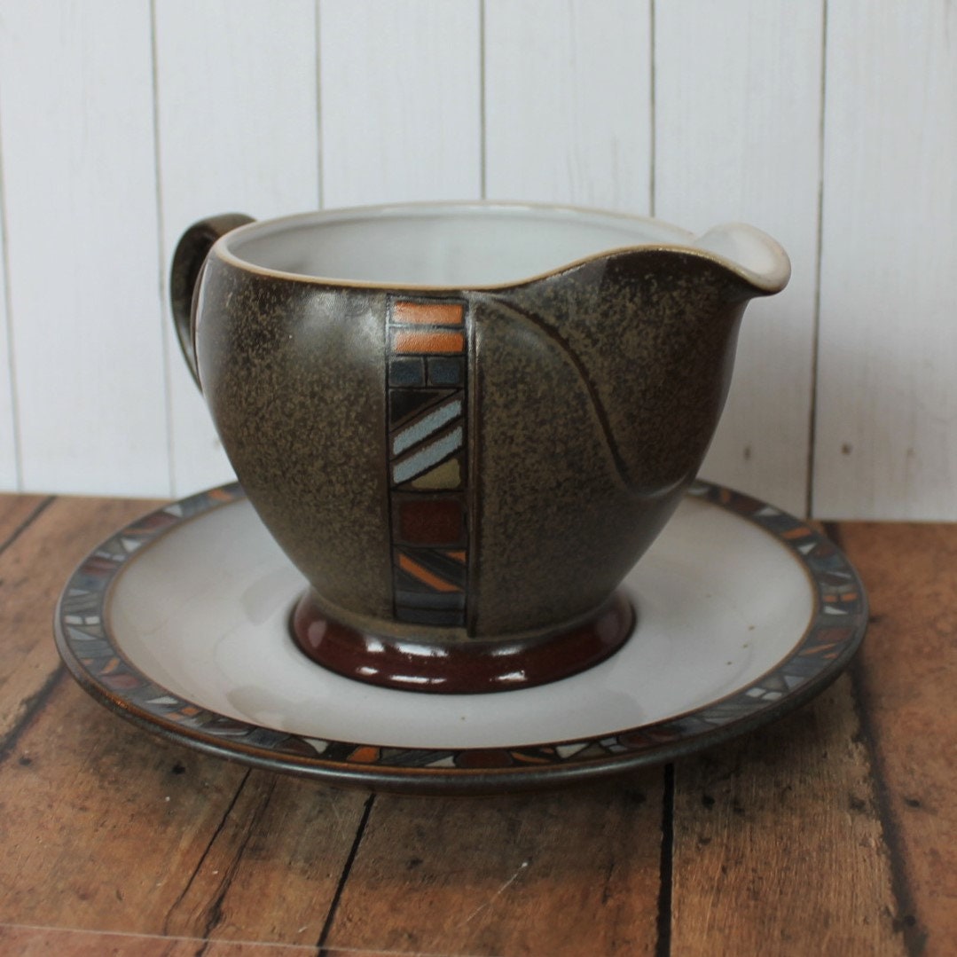 Vintage Denby MARRAKESH Ceramic Gravy Boat with Underplate Green and